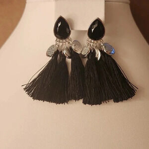 Vintage Black Jewel Stud Tassel Drop Earrings